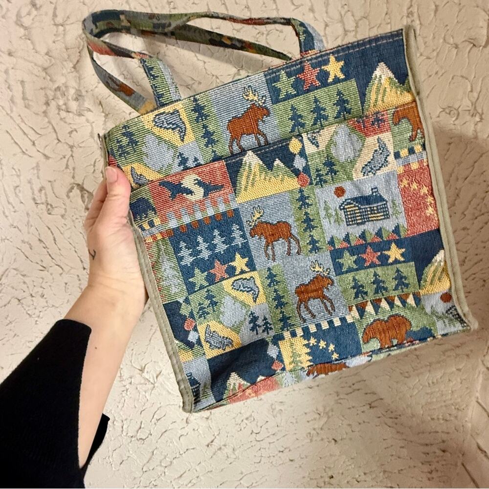Vintage Tapestry Tote Bag Cabin Lodge Style | Moose Bear Mountain Print Shoulder - Picture 8 of 11